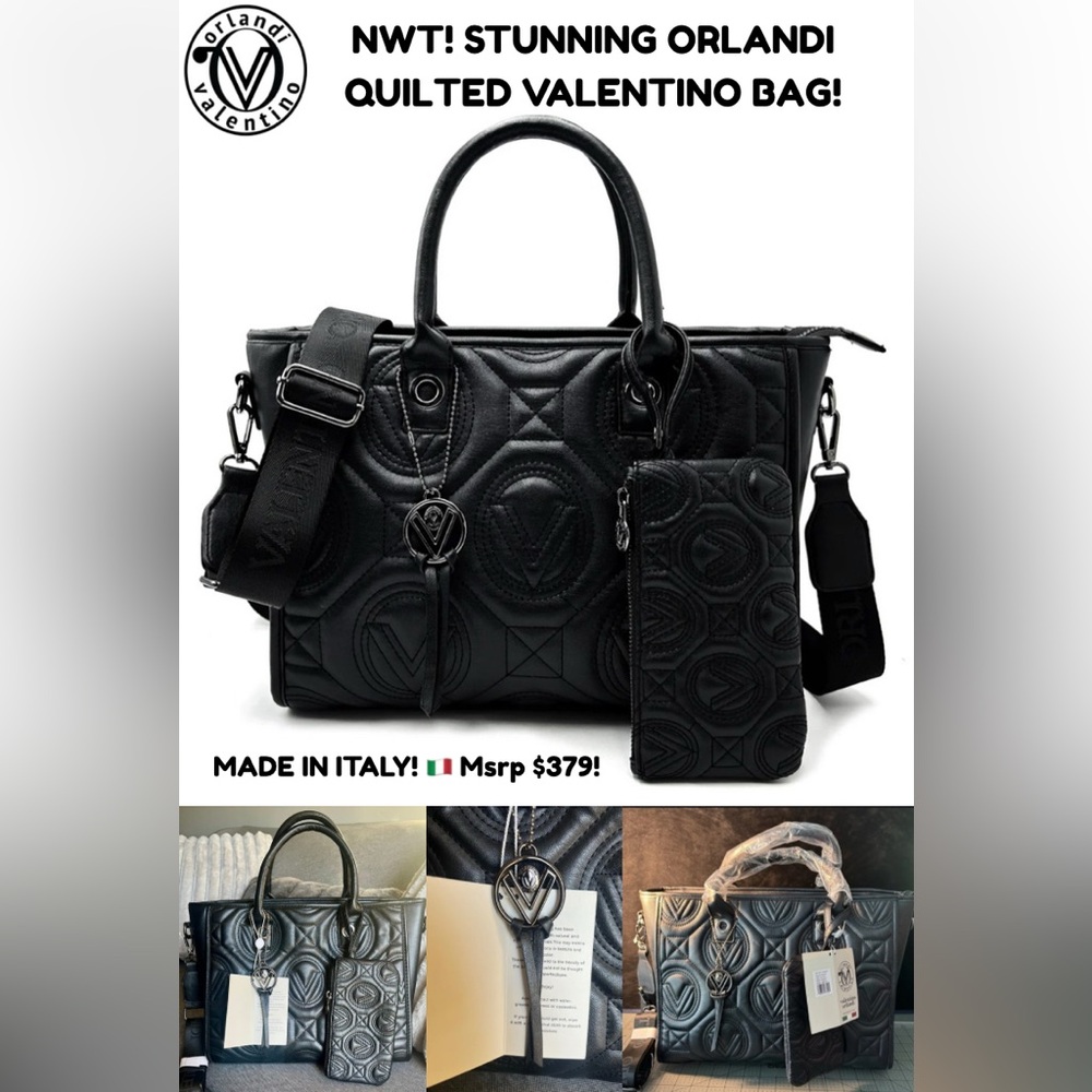 Valentino Orlandi Quilted Black Leather Tote with Matching Pouch